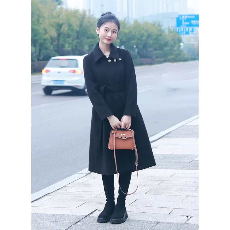 【路易夫人】小娜椒小个子秋冬赫本风黑金气质显瘦大衣毛呢外套女