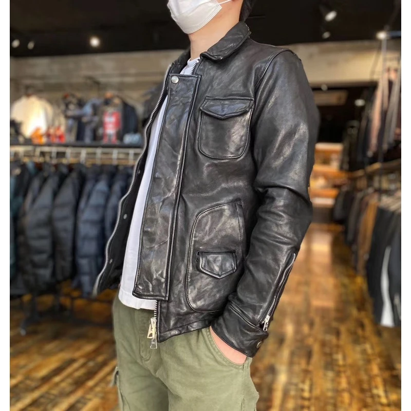新款男士无涂植鞣绵羊皮真皮皮衣复古翻领修身皮外套短款皮衬衣