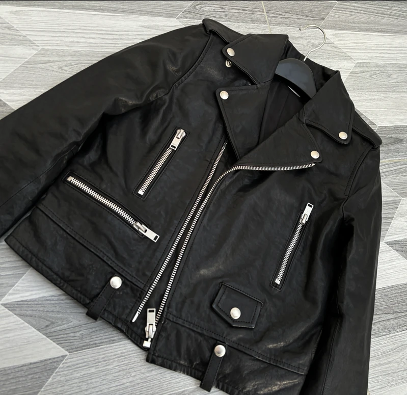 女款水洗植鞣羊皮真皮皮衣春秋短款黑色翻领皮外套显瘦韩版