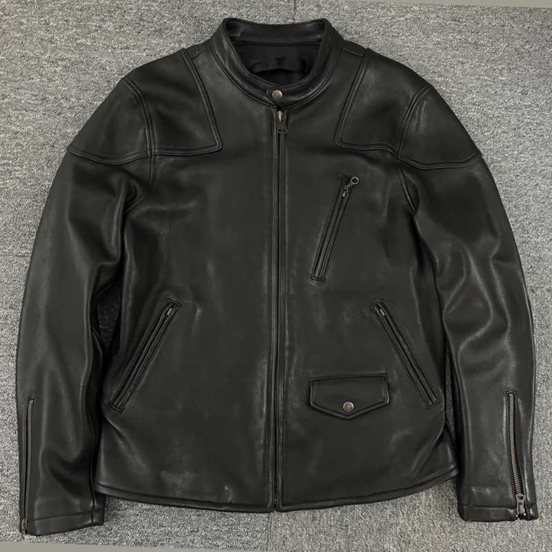 毒液新款男款水洗做旧立领夹克 羊皮真皮皮衣 男士短款夹克外套