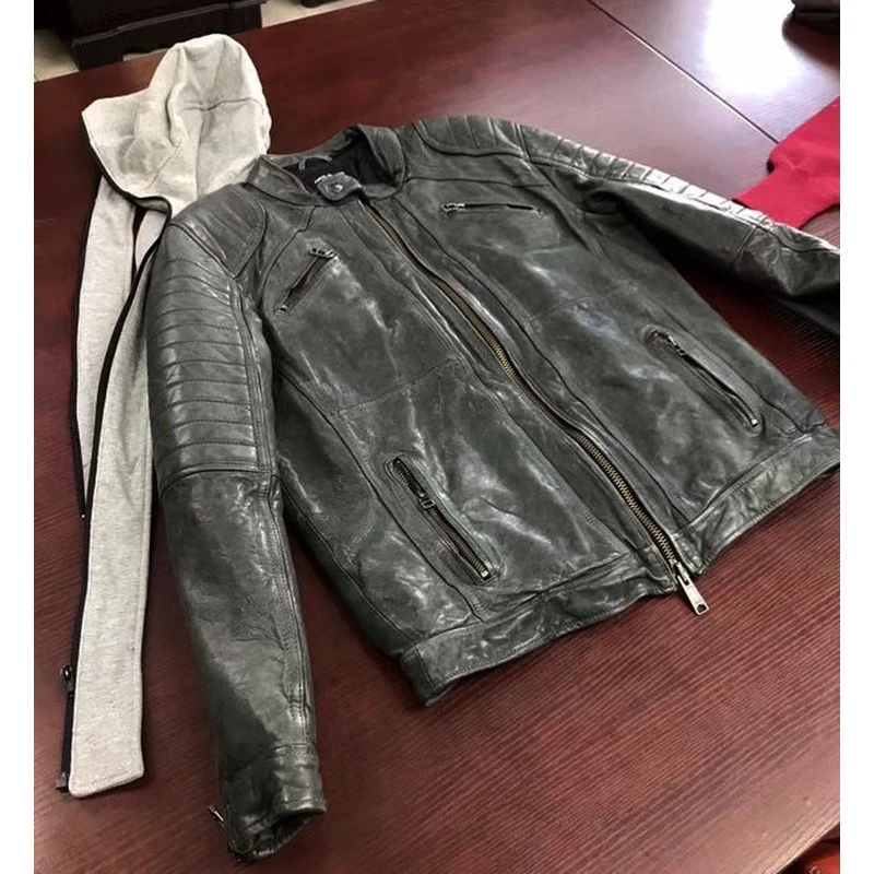 新品男真皮皮衣水染头层植鞣绵羊皮休闲机车夹克冬加棉外套欧美风