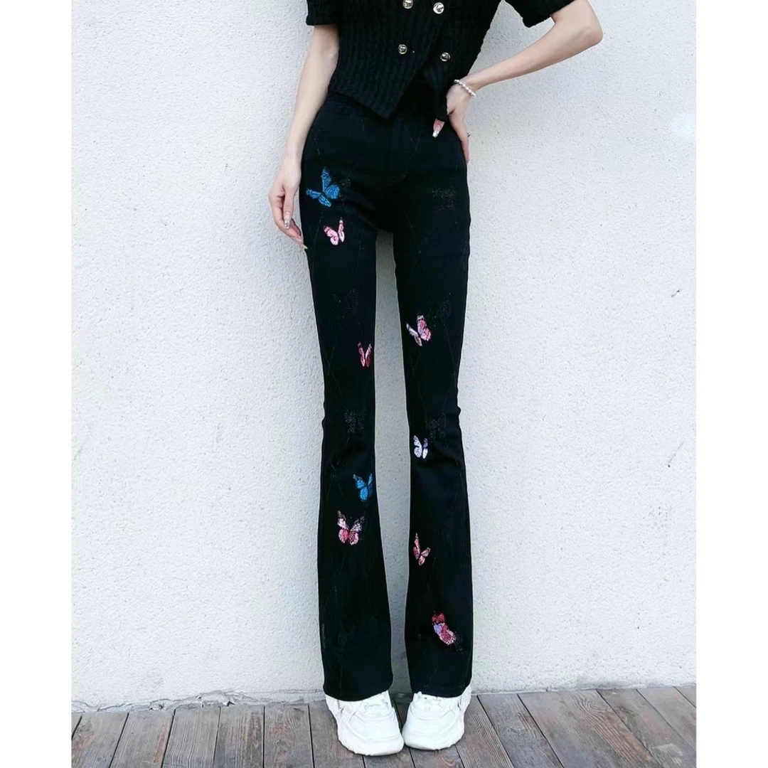 2025新款春款刺绣蝴蝶烫钻做旧修身弹力百搭显瘦微喇叭长裤女