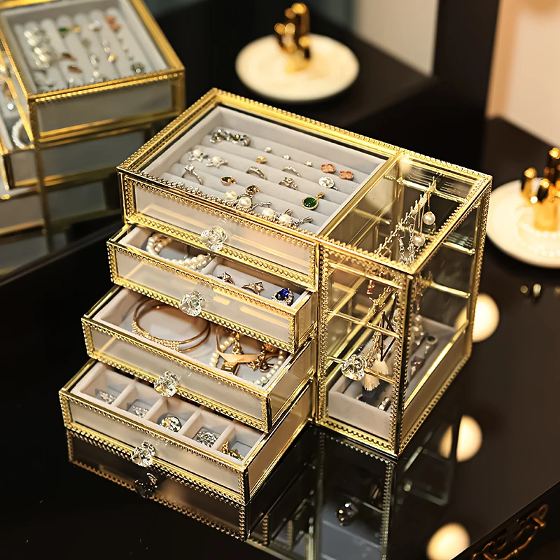 【新疆包邮】欧式玻璃透明首饰盒多功能戒指项链耳环饰品盒公主耳；