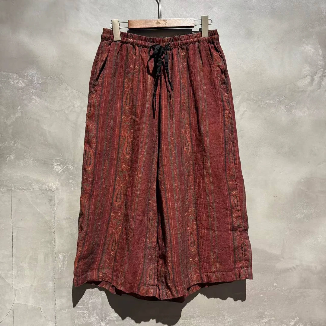 無界原创亚麻休闲松紧腰直筒红色复古八分棉麻裤子女高档棉麻正品