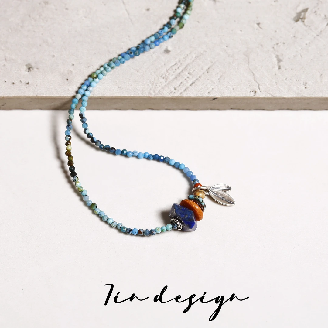 坠链均925银木质 7in【青寻】原创百搭设计复古手作蓝色项链（38+5cm