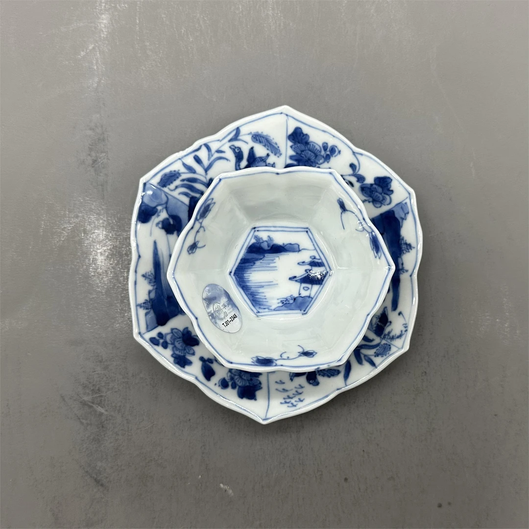 清康熙青花山水花卉纹六方杯碟套/2382