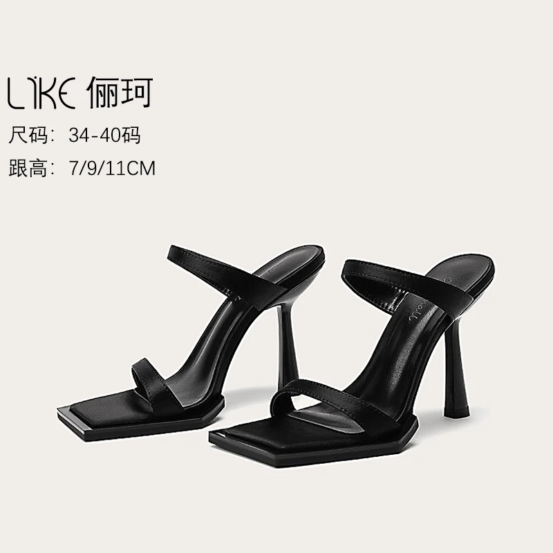 网红款细跟外穿方头凉鞋女2025年夏季新款高跟性感一字带露趾拖鞋