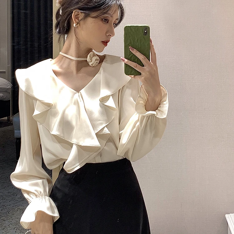 法式V领荷叶边气质长袖衬衣女2025春秋新款波浪翻领衬衫+玫瑰挂脖