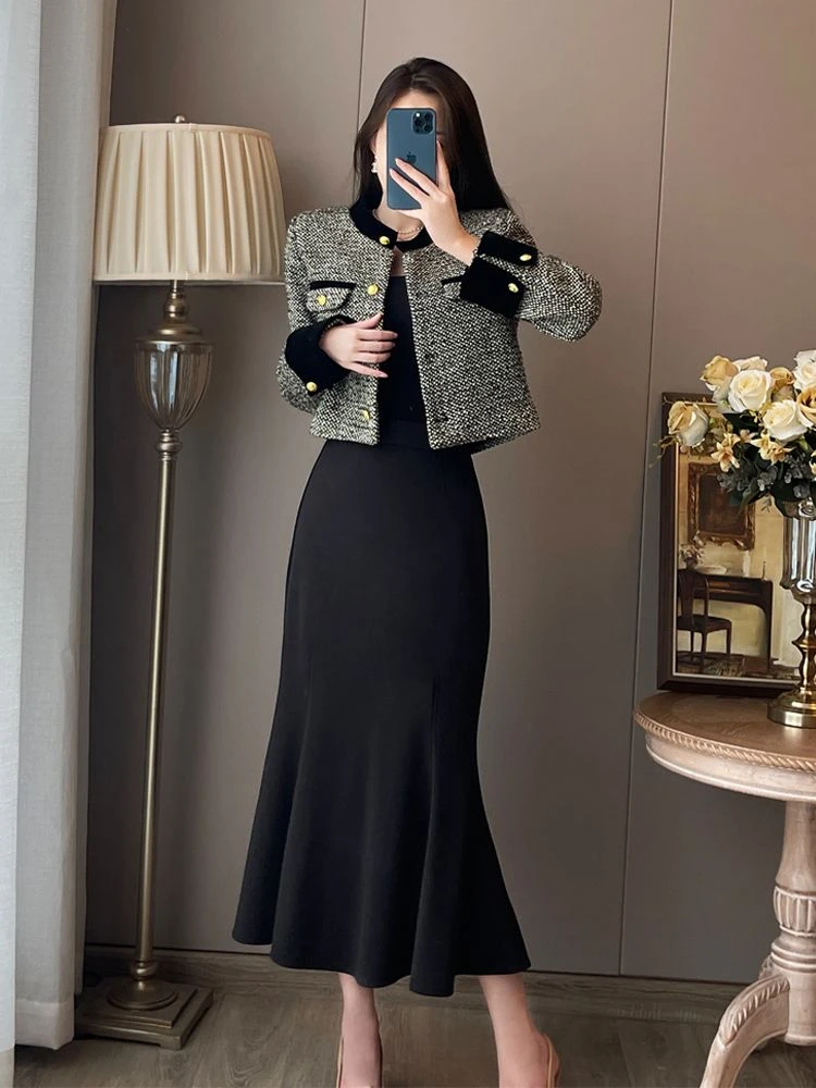 春季小香风外套两件套装女法式高级感气质名媛修身连衣裙鱼尾长裙
