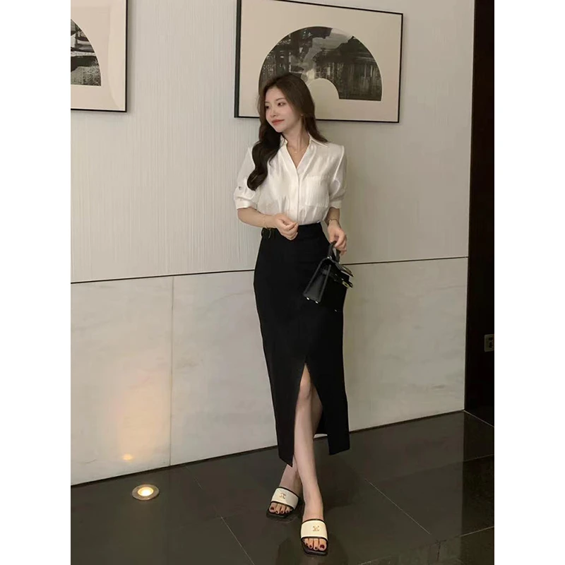 时尚洋气套装裙女夏2025新款女装设计感通勤衬衫开叉半身裙两件套