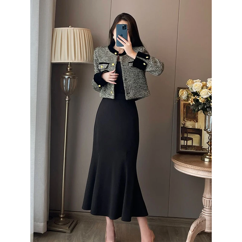 气质套装女春秋季2025新款爆款时尚小香风外套吊带鱼尾连衣裙套装