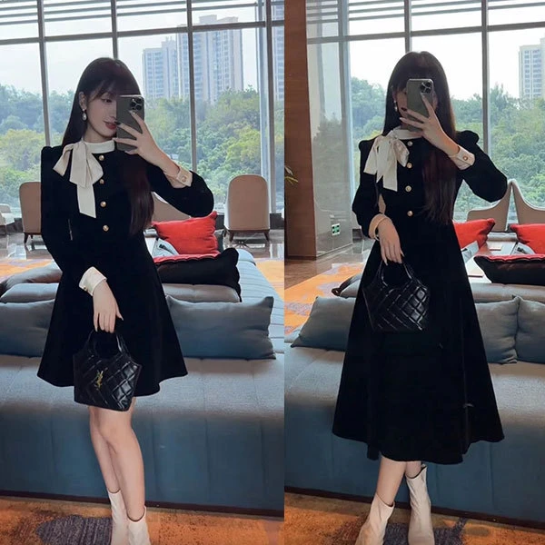 【精致公主】秋季新款法式设计感气质显瘦女装连衣裙拼接收腰小黑裙