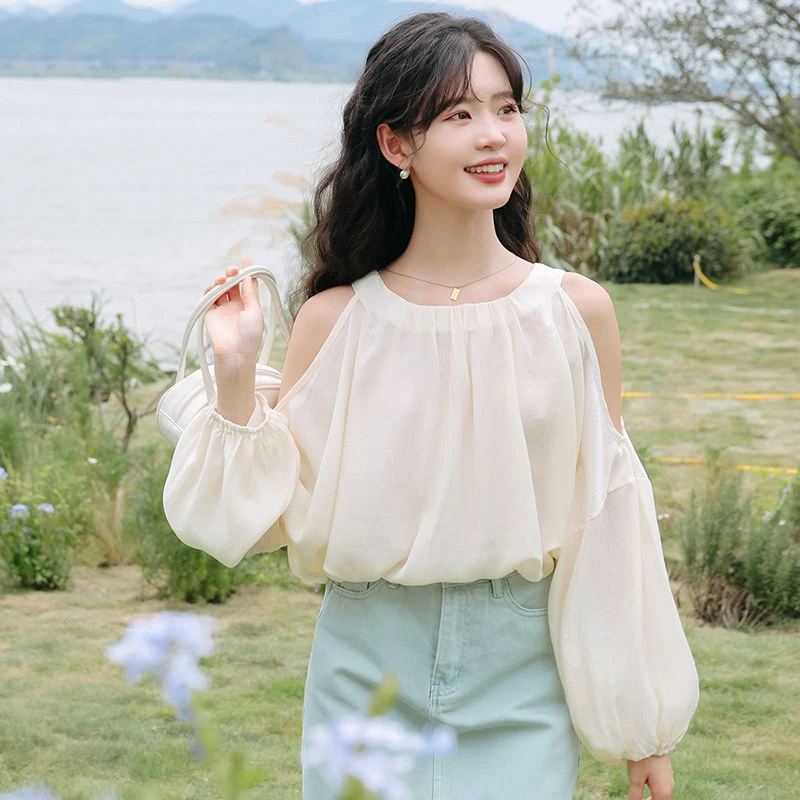 法式露肩泡泡袖雪纺衬衫女夏2025新款辣妹时尚设计感小众长袖上衣