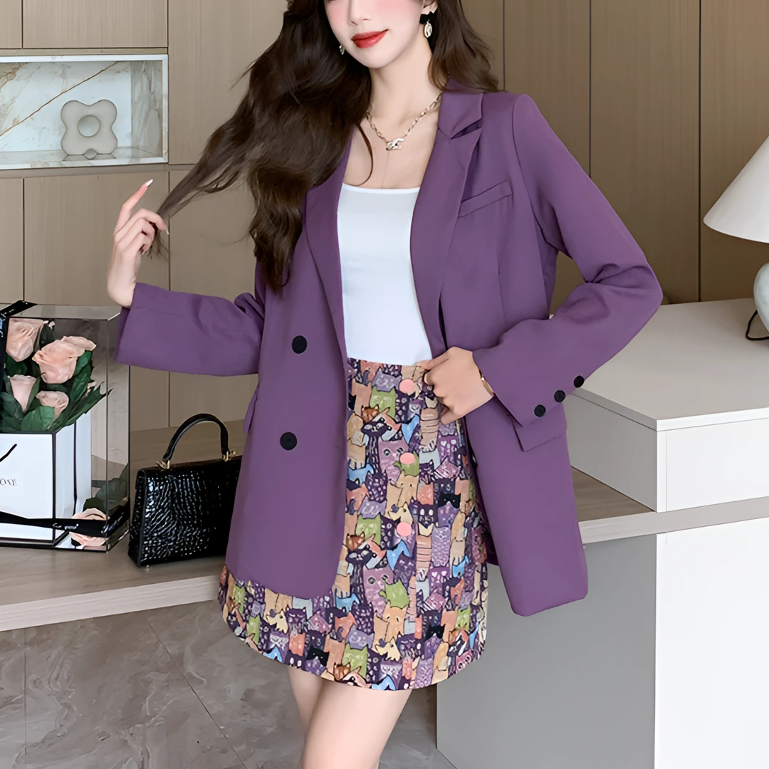 西装套装裙女2025春秋新款高级感紫色外套洋气猫咪印花短裙两件套