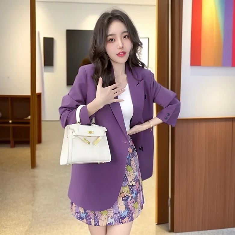 网红爆款紫色西装外套女款2025新款洋气高级感秋天外衣印花半身裙
