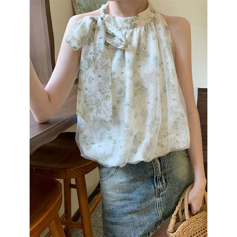 法式碎花露肩挂脖雪纺衫女2025夏季新款韩版时尚气质无袖背心上衣