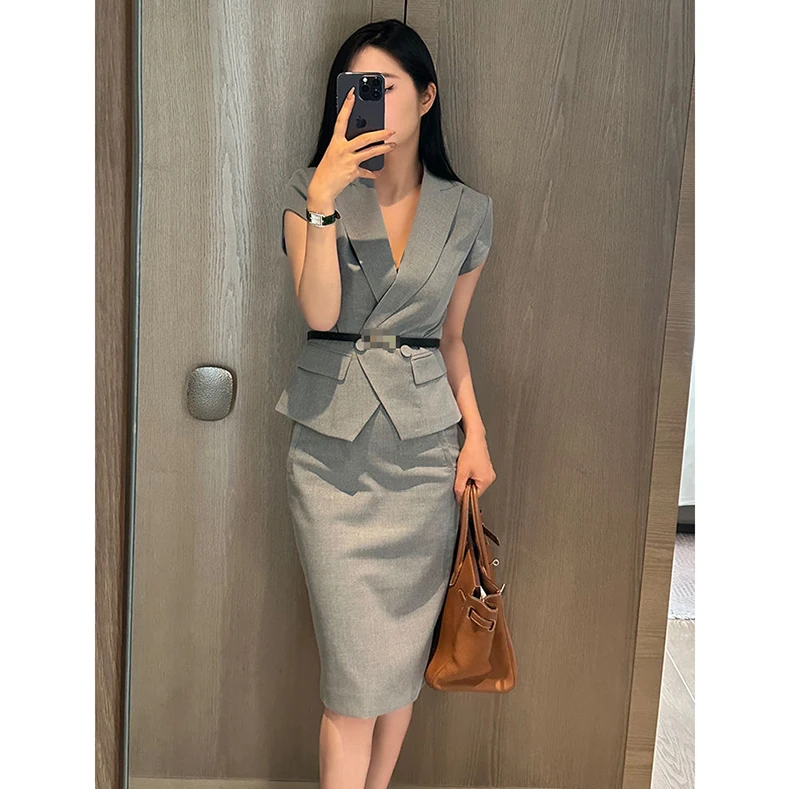 夏季配腰带浅灰西装套装裙女修身显瘦OL职场百搭包臀半身裙两件套