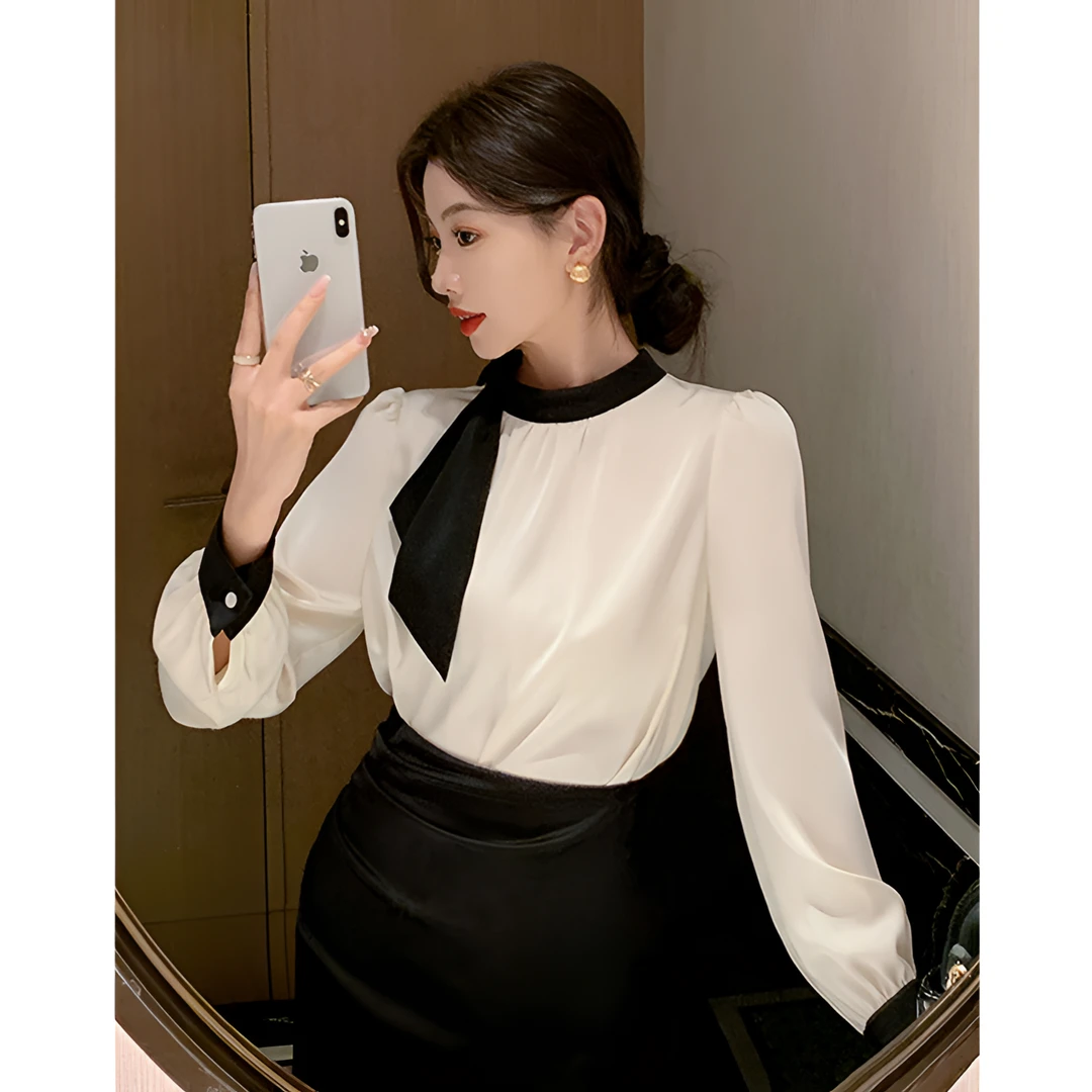 独特漂亮的衬衫女款外穿春秋新款立领蝴蝶结衬衫气质撞色飘带衬衣