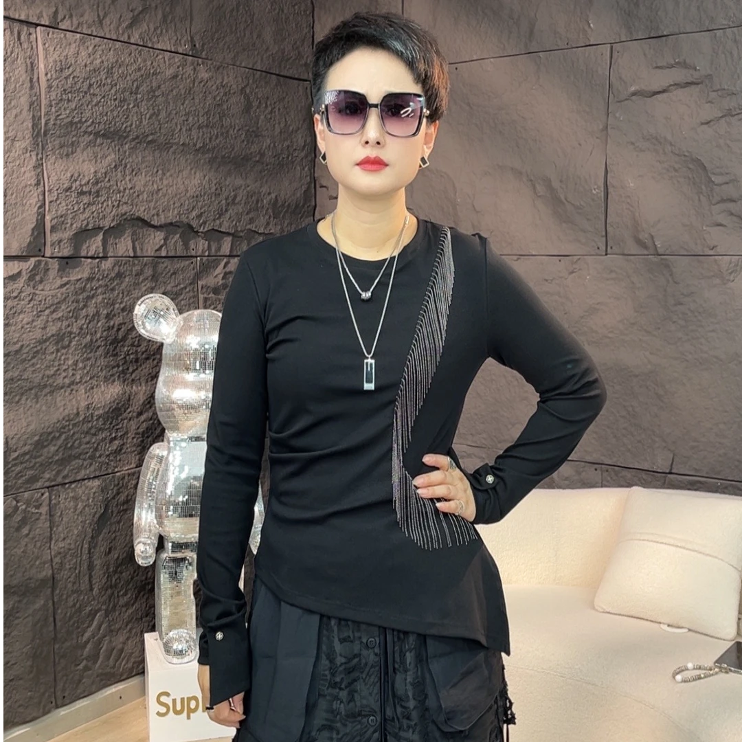 【雨田定制】流苏T恤2024年设计不规则时尚流苏链条百搭上衣