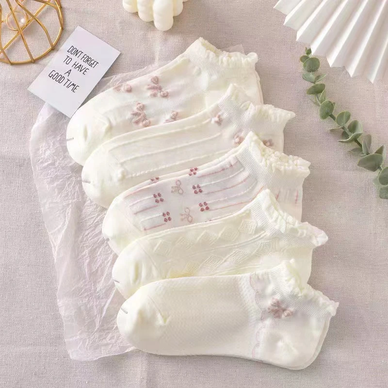 10双装袜子春夏季薄款白袜子女透气夏天浅口短袜泡泡口花边袜女款