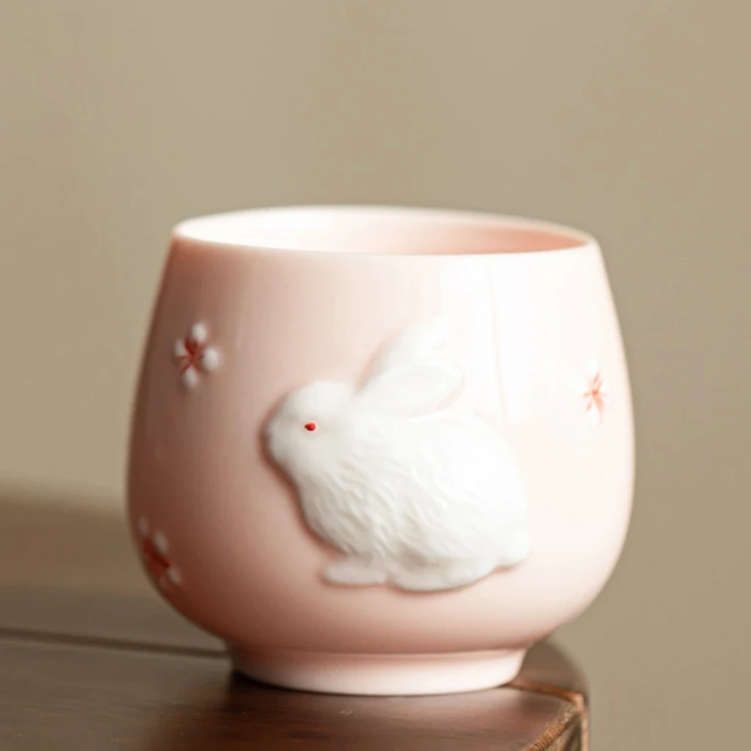泥视界粉兔禅定杯浮雕主人杯大容量羊脂玉瓷功夫茶具单杯-望舒阁