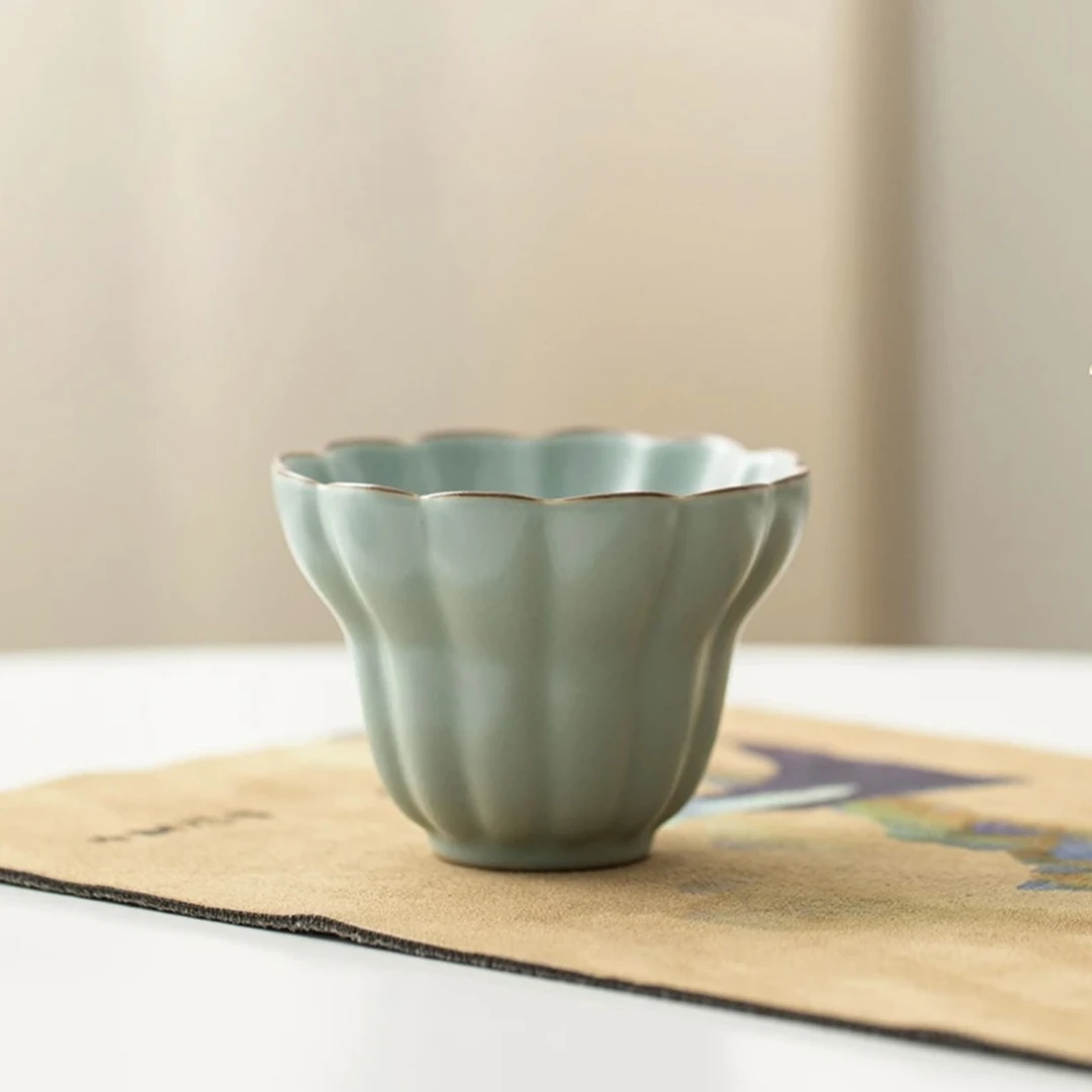 陈培明天青汝窑单个主人杯佛手杯开片养线家用办公汝瓷花瓣望舒阁