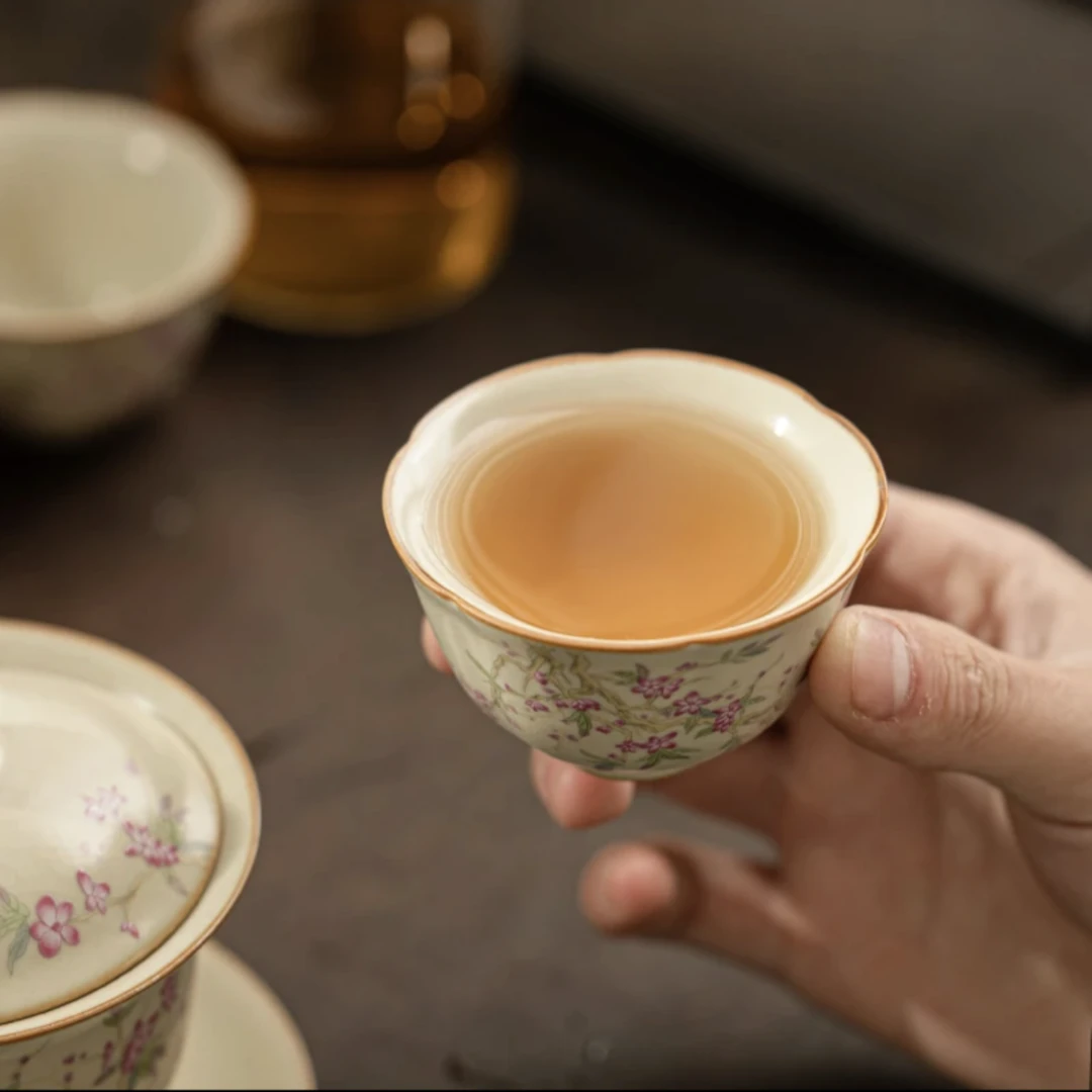 古汝米黄汝窑葵口杯盖质杯垫粉秾茶杯瓷品茗杯家用旅行单杯望舒阁