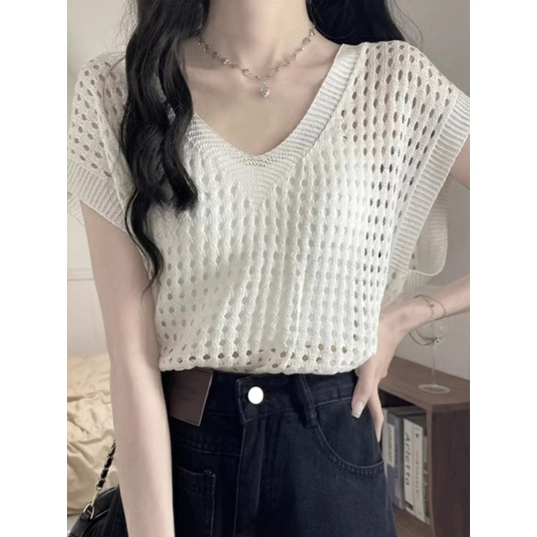 今年流行镂空针织打底衫t恤夏装洋气遮肚短袖薄款套头冰丝上衣女