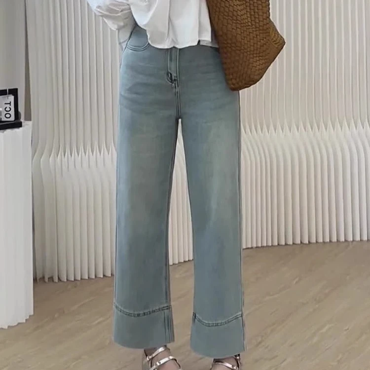 夏季薄款蓝色直筒牛仔裤女大码胖妹妹mm梨形身材弹力小个子九分裤