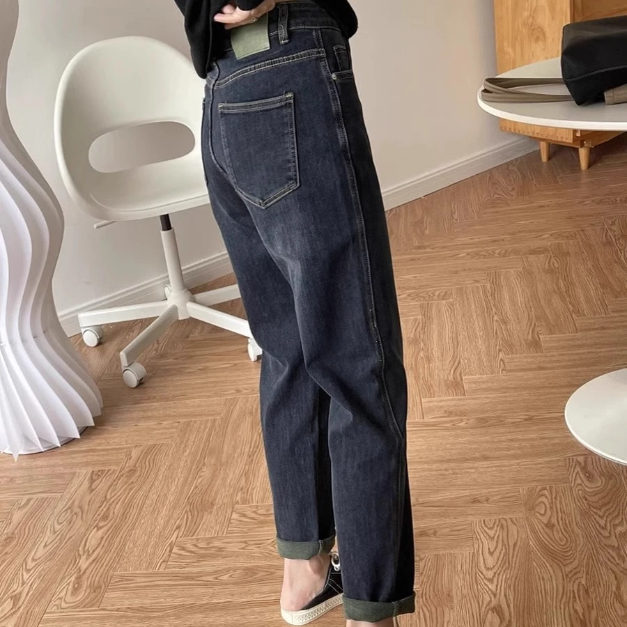 梨形身材撞色哈伦牛仔裤夏季新款胖mm高腰显瘦弹力九分老爹裤子