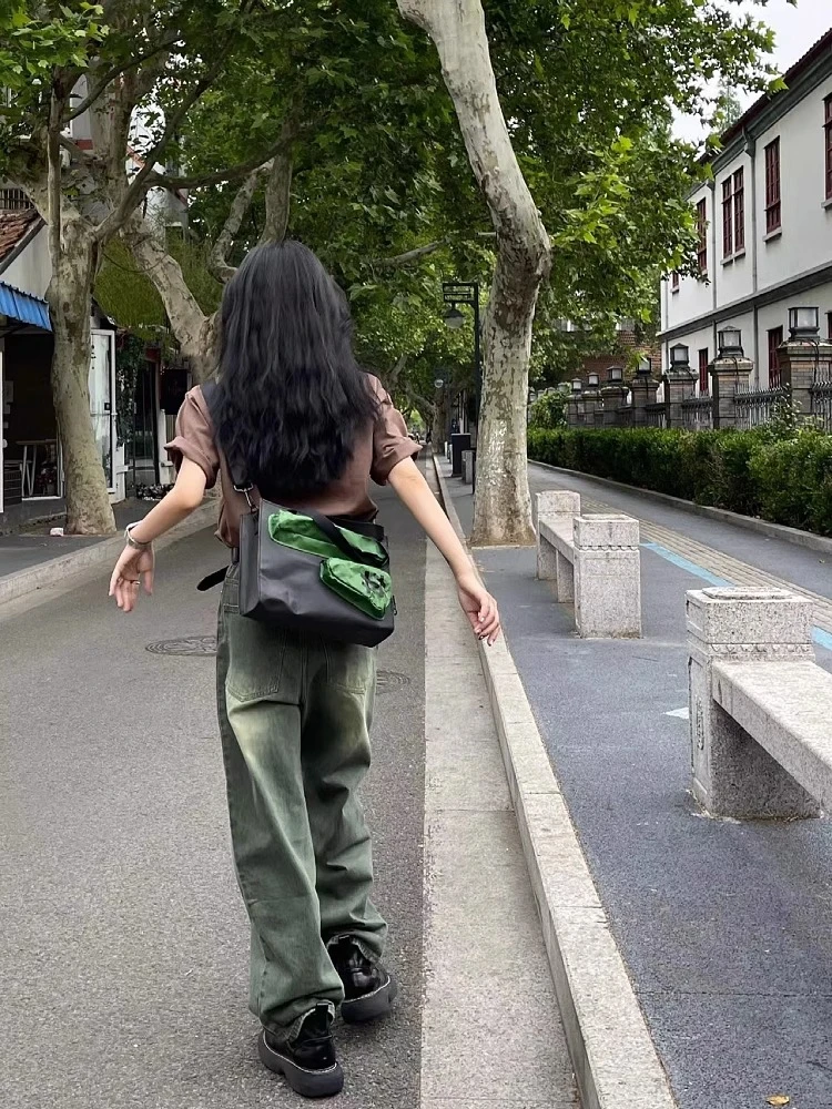 复古绿色牛仔裤女春季新款大码胖mm直筒高腰显瘦宽松阔腿拖地裤潮