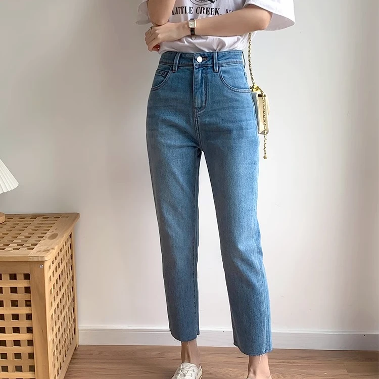 夏季薄款修身小直筒牛仔裤大码胖mm梨形身材高腰显瘦九分烟管裤子