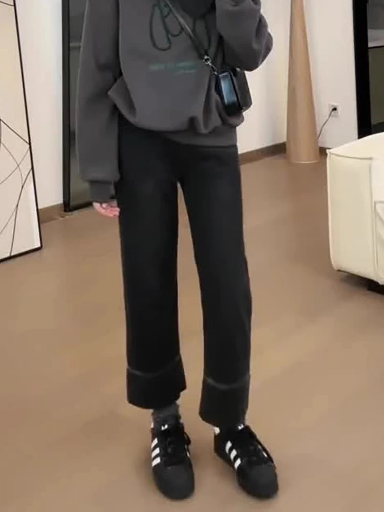 黑灰色阔腿牛仔裤女秋冬加绒加厚胖妹妹mm高腰显瘦弹力直筒九分裤