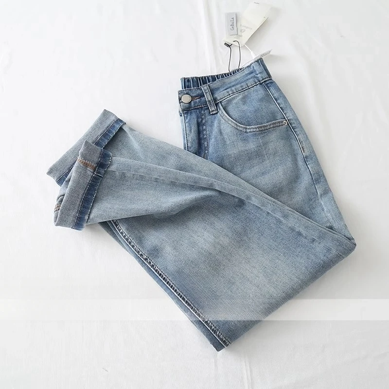 松紧高腰牛仔裤女夏季薄款胖MM梨型身材宽松显瘦哈伦裤九分老爹裤