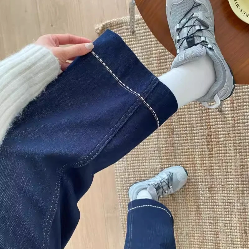 秋冬新款加绒复古蓝九分直筒裤女梨型身材高腰显瘦弹力阔腿牛仔裤