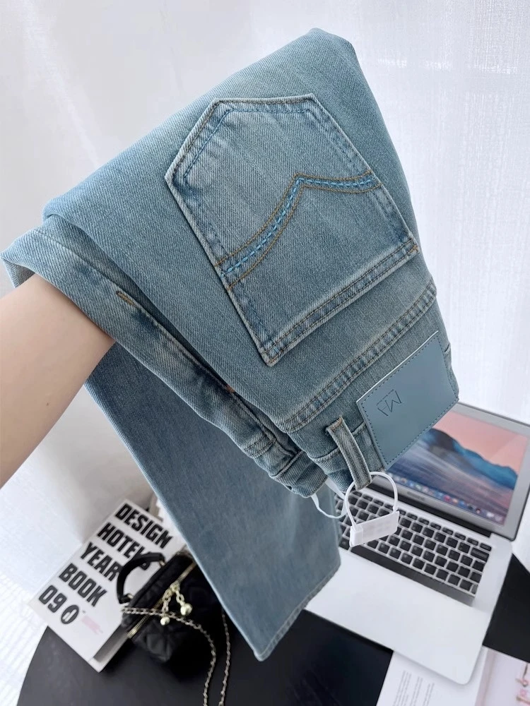 蓝色弹力九分法棍牛仔裤女秋季胖MM梨型身材高腰显瘦宽松直筒裤