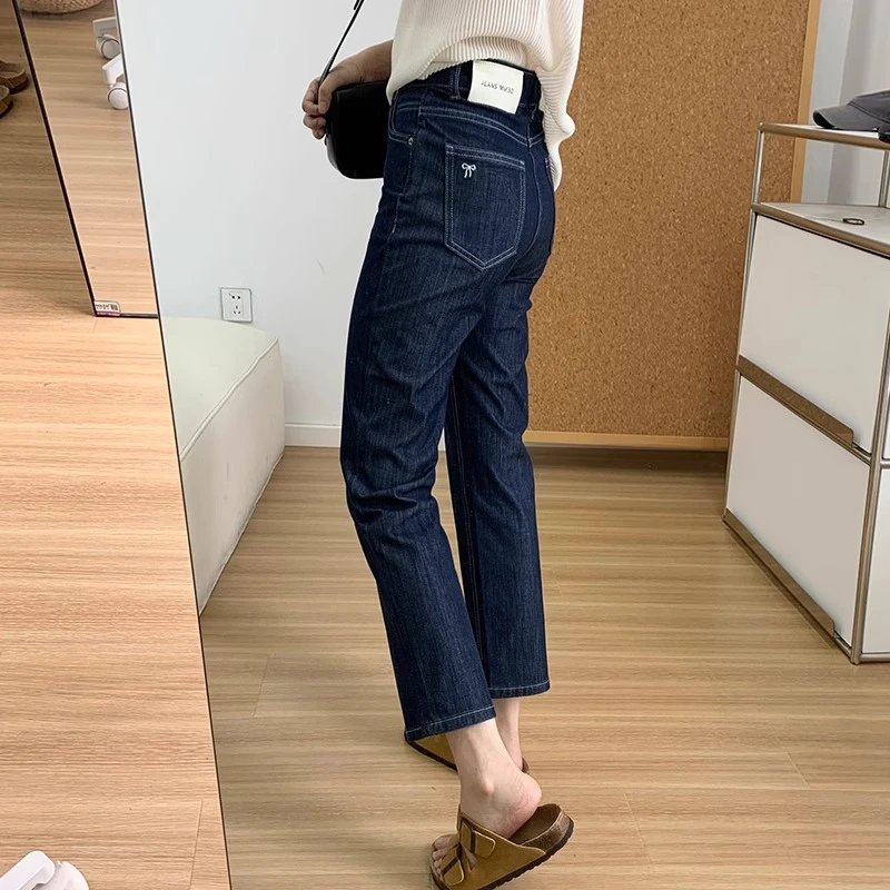 春季新款九分弹力法棍裤女胖MM梨型身材高腰显瘦小个子直筒牛仔裤