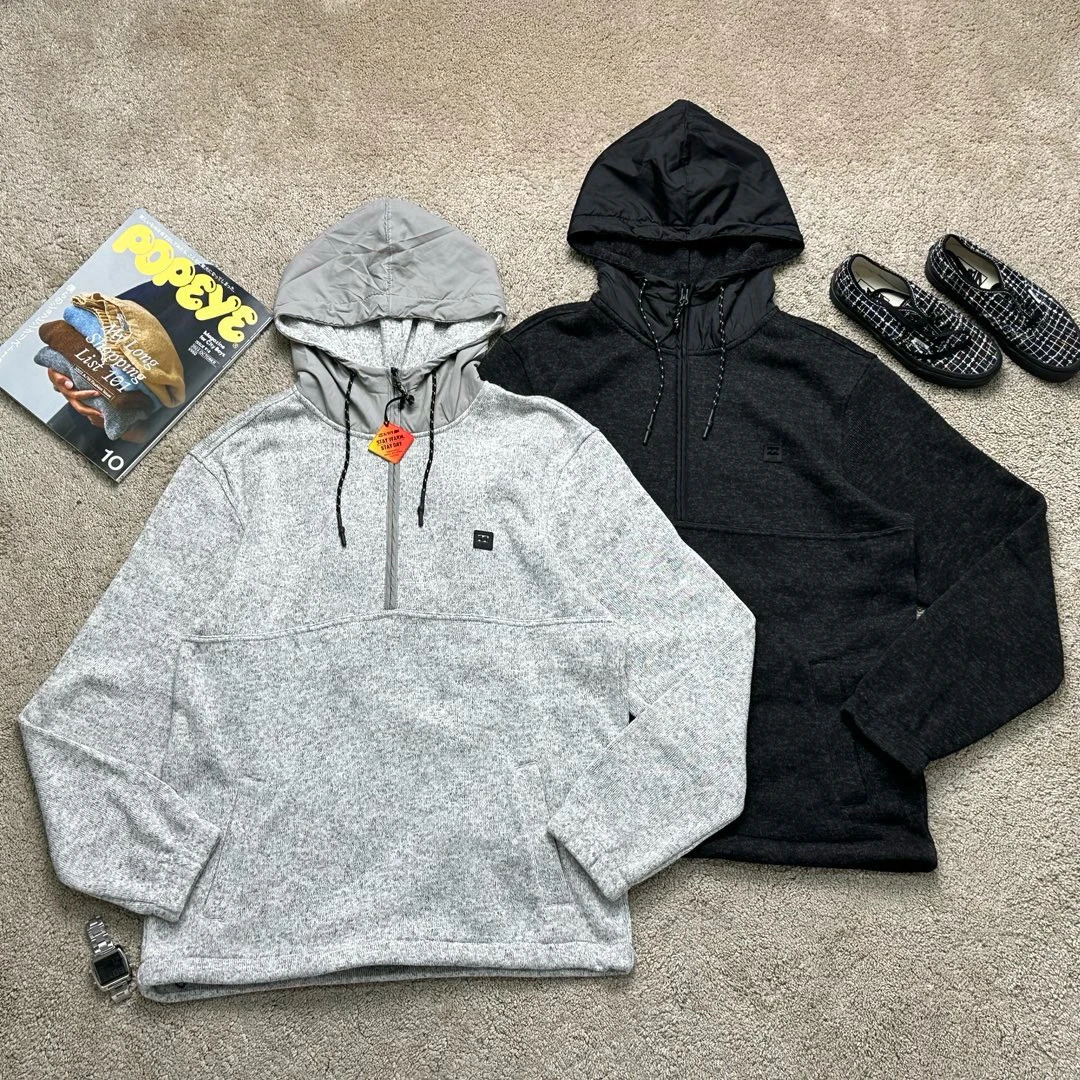 billab 外贸原单 秋冬针织抓绒半拉链连帽套头卫衣