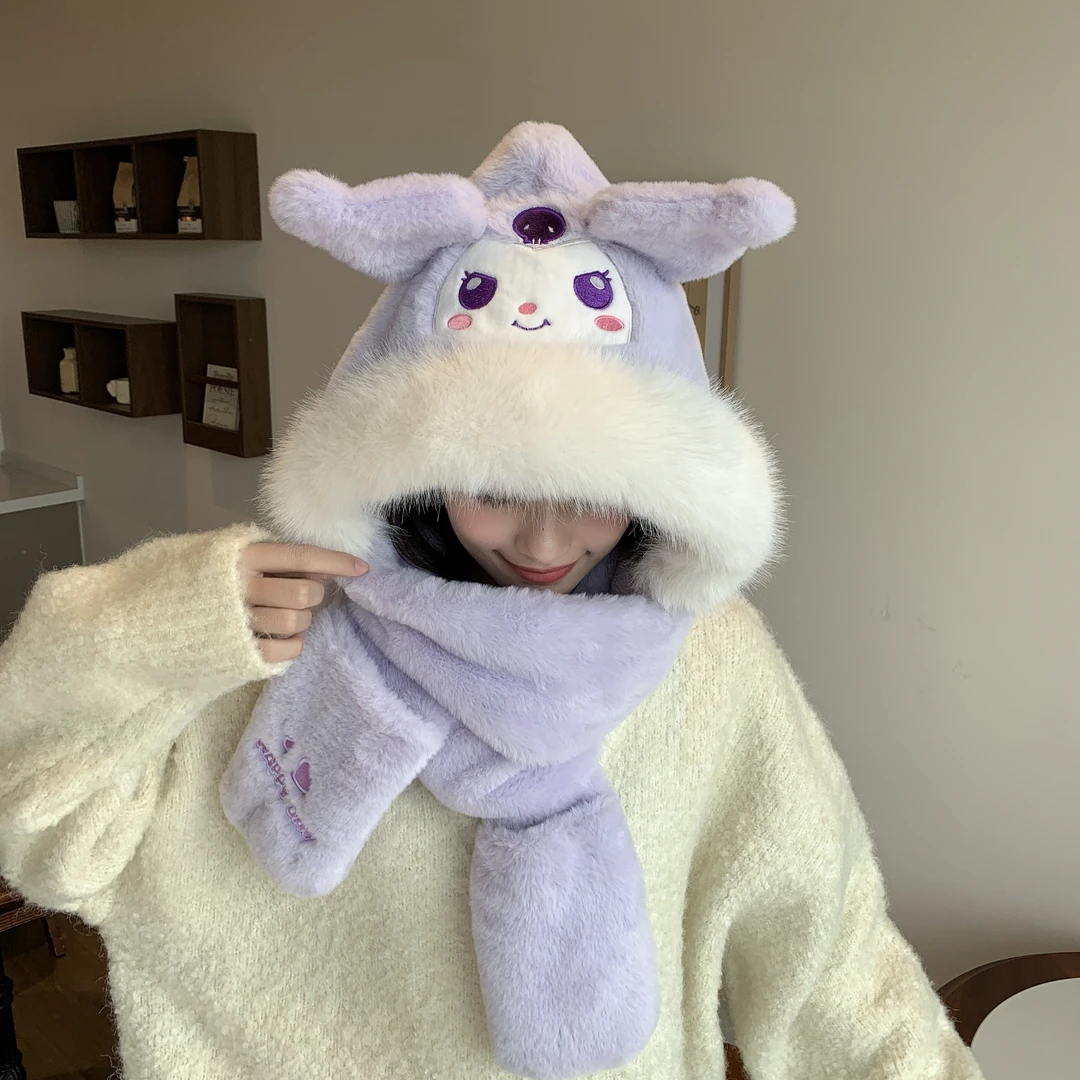 小熊帽子库米米围巾手套一体连帽冬季围脖可爱保暖毛绒冬天三件套