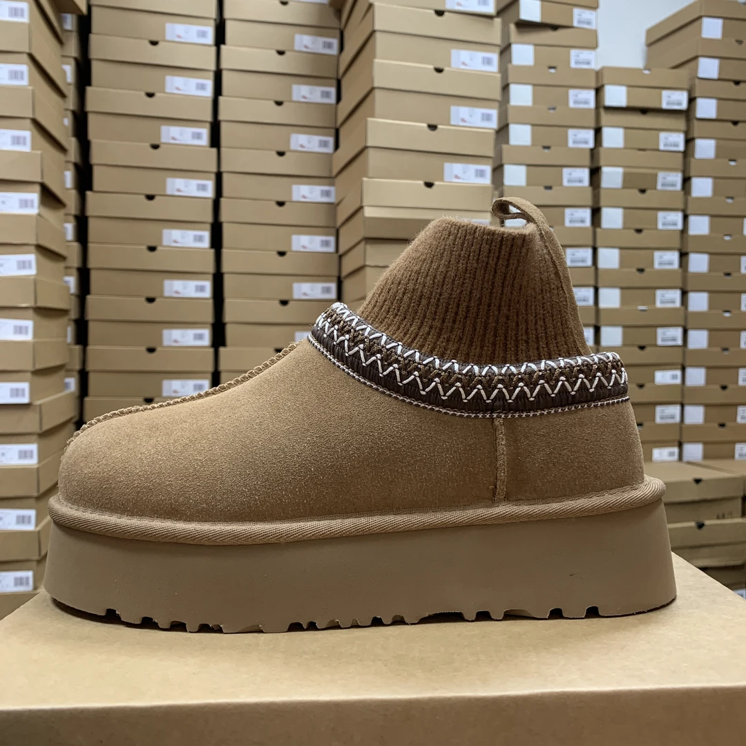 二代袜筒厚底半拖民族风雪地靴皮毛一体外穿加绒加厚棉拖鞋女