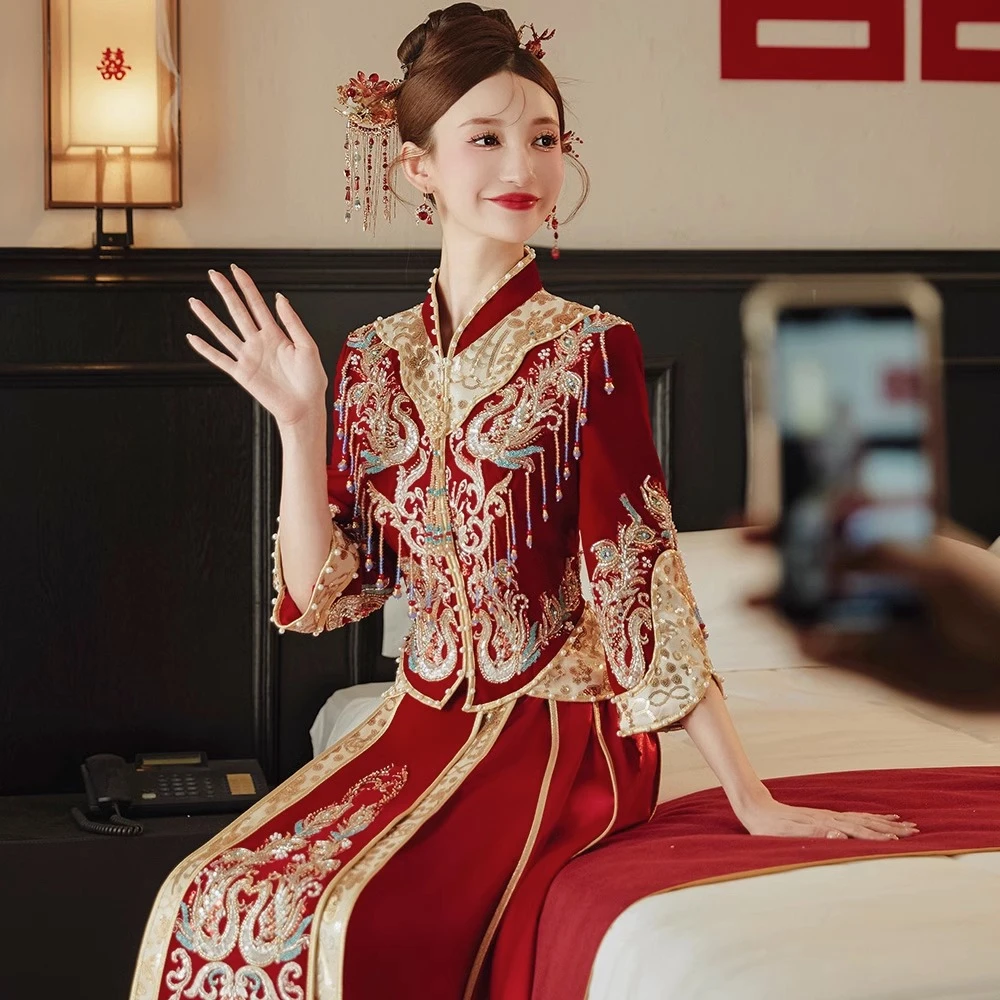 秀禾服新娘2023新款新中式嫁衣重工珠绣丝绒高端大气绸缎秋冬季