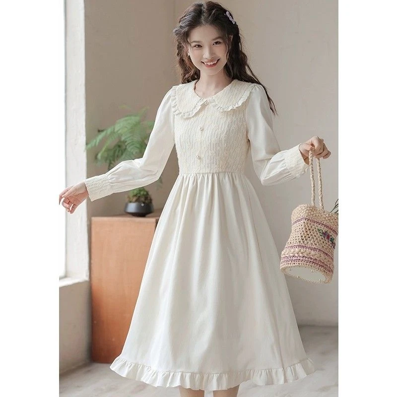 日系小清新娃娃领蕾丝长袖连衣裙女春秋新款清纯初恋a字连衣裙子