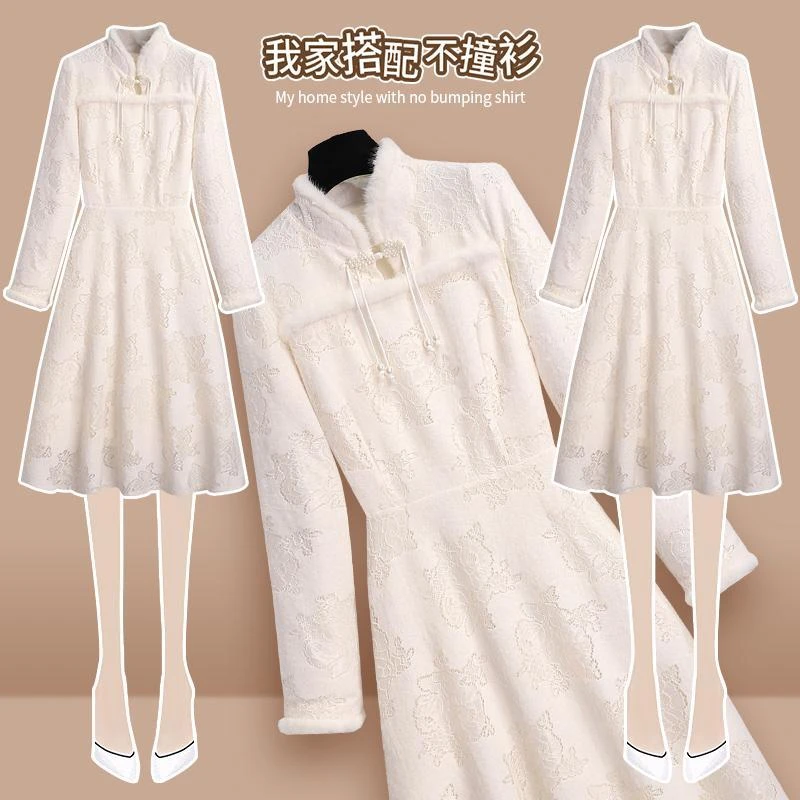 新中式女装蕾丝连衣裙女秋冬季加绒加厚2024新款气质改良旗袍裙子