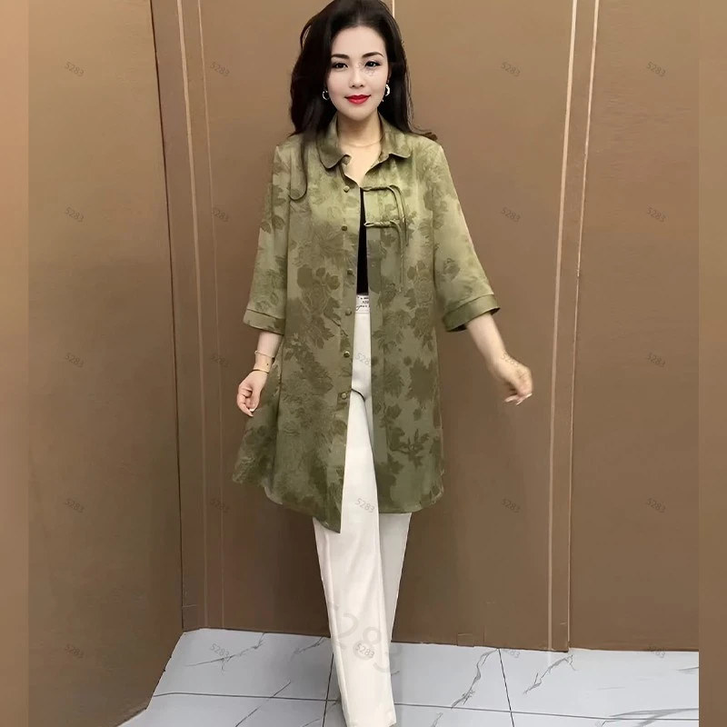 【秋意盎然】妈妈秋装七分袖中长款薄外套女中老年时尚国风早秋外套