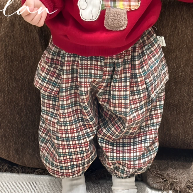 3113韩版圣诞新年红格子萝卜裤女童可爱休闲百搭加绒一体绒长裤