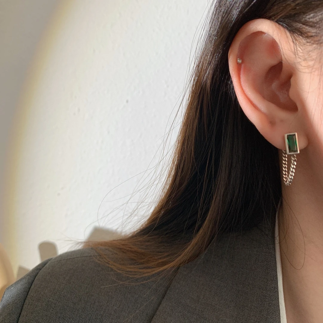 925银合成锆石耳饰 黑锆石链条流苏耳坠耳饰YC7101E气质小众