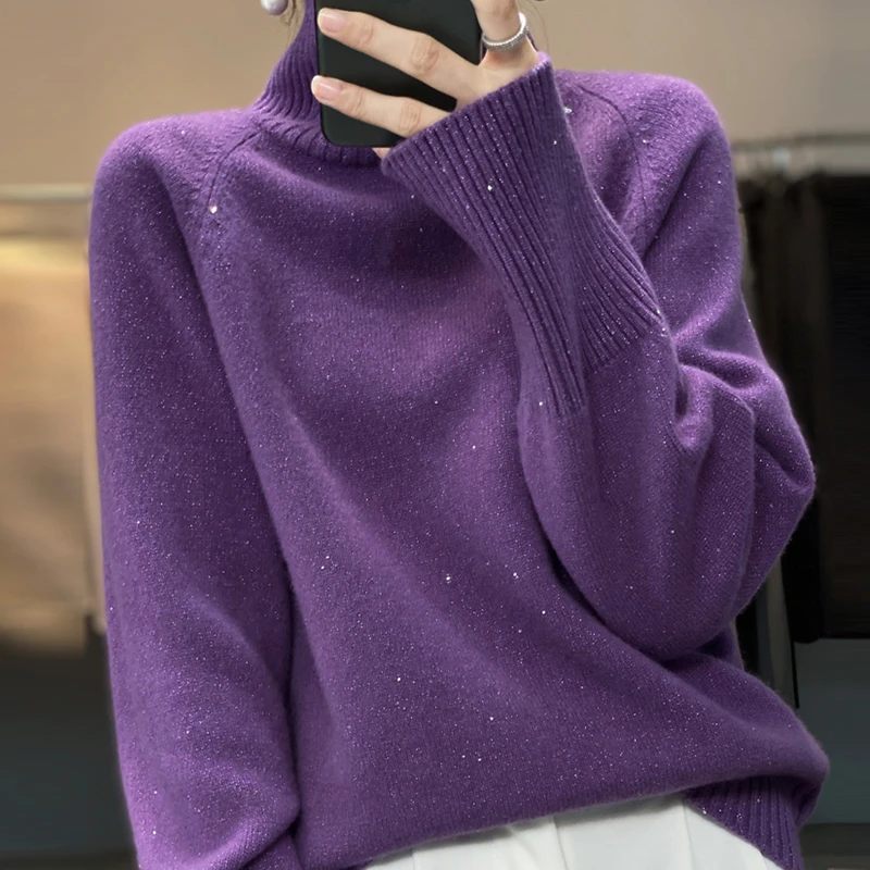 明星同款亮丝羊毛衫女士秋冬高领上档次毛衣落肩袖保暖加厚打底衫