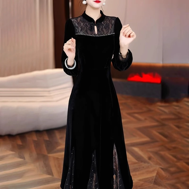 妈妈复古国风改良旗袍连衣裙2024新款女春秋阔太太洋气质长袖裙子