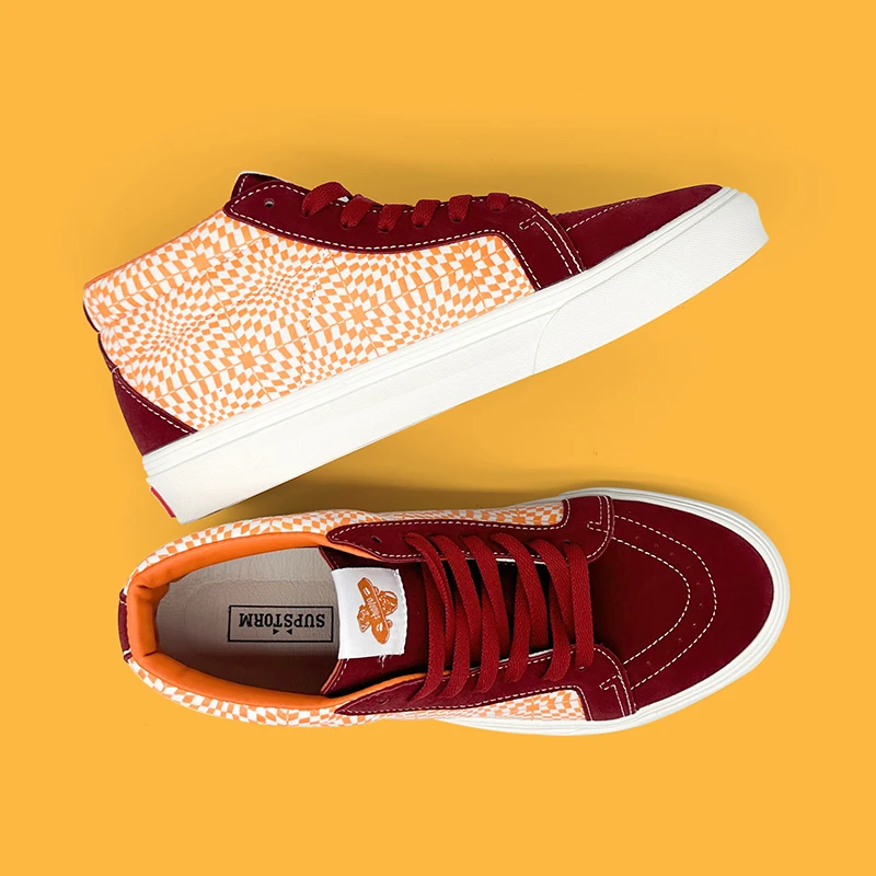 欧美炫晕风新款橙红色鸳鸯中帮潮流情侣休闲鞋板鞋时尚约会风潮