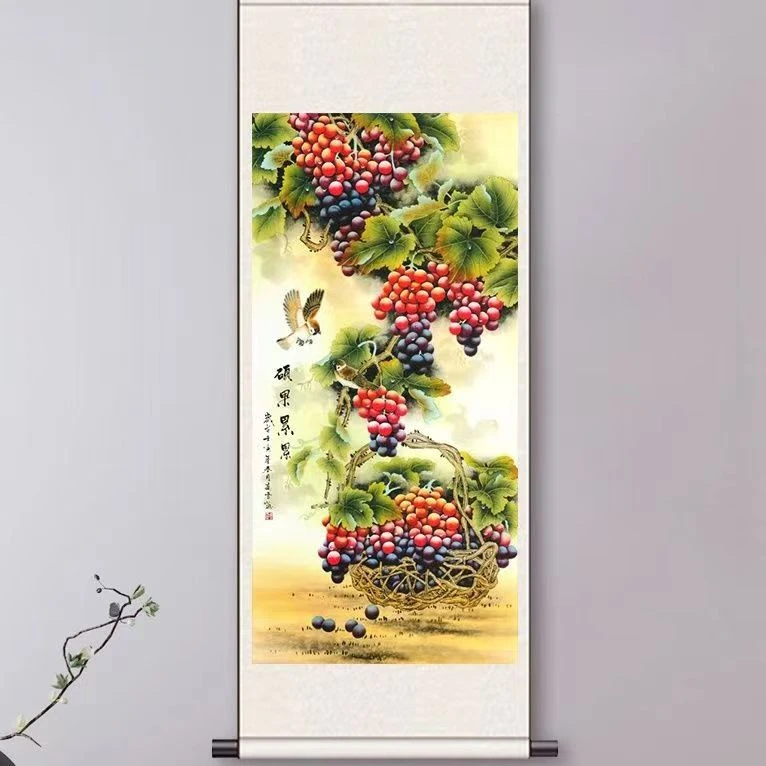 国画花鸟《硕果累累》工笔葡萄收藏字画玄关客厅挂画